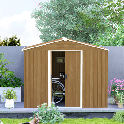 Outsunny 8 x 6ft Outdoor Garden Storage Shed, Metal Tool House with Ventilation and Sliding Doors Chocolate Wood Effect 