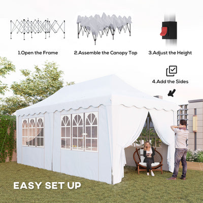 Outsunny 3 x 6m Pop Up Gazebo with Sides, UPF50+ Height Adjustable Marquee Party Tent, Wedding Canopy, Instant Event Shelter with Carry Bag and Sand Bags for Garden, White 