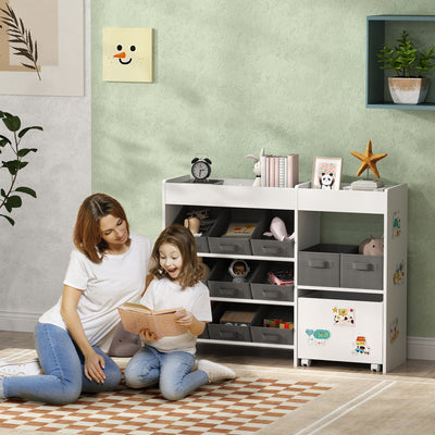 AIYAPLAY Kids Toy Storage Unit with 11 Bins, Cabinet, Top Shelves, 3 Stickers, for Nursery, Playroom, White 