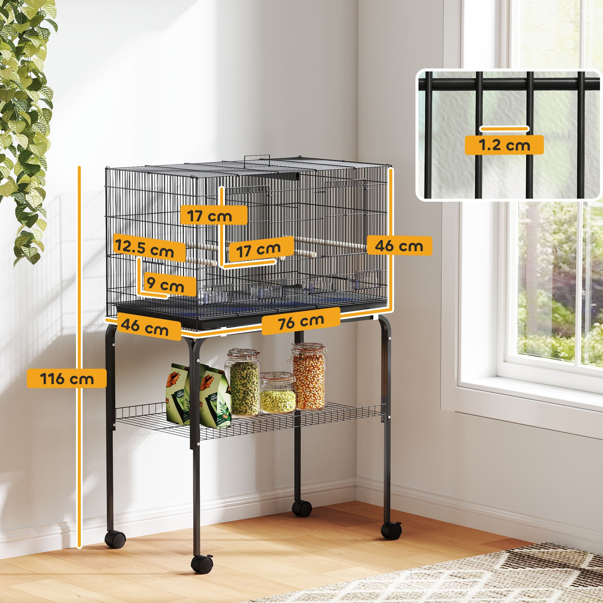 PawHut Bird Cage with Divider, 4 Wooden Perches, Slide Out Tray, 4 Feeders, for Budgie, Lovebird, Canary, 76 x 46 x 116cm Black