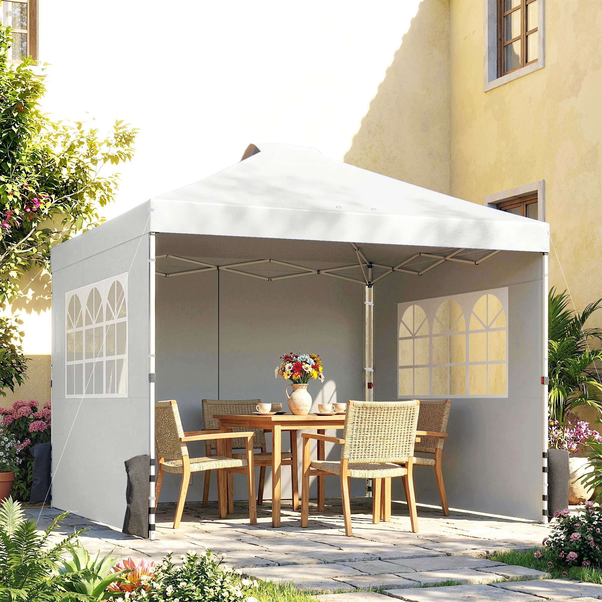 Outsunny Pop Up Gazebo Waterproof Height Adjustable Canopy with 3 Sidewalls Wheeled Bag for Parties 3 x 3 m White 