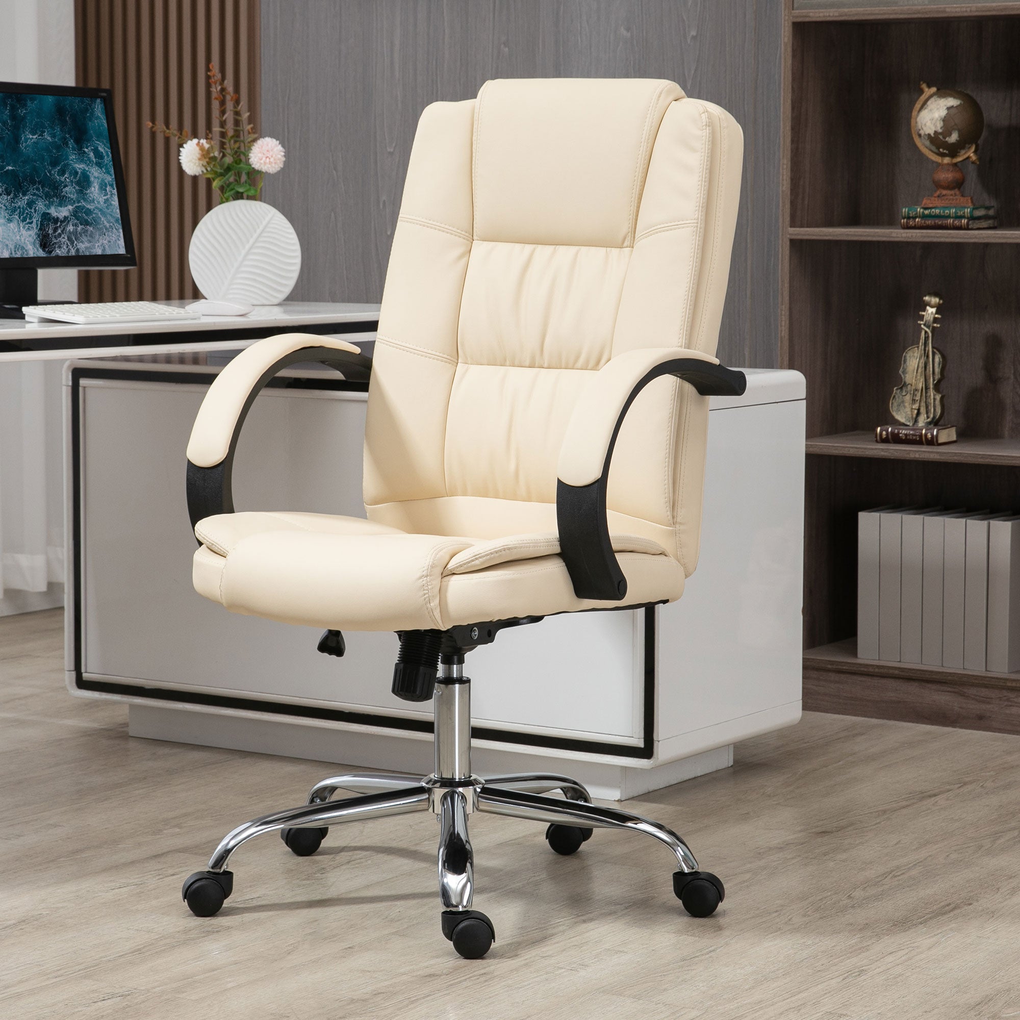 Vinsetto Office Chair, PU Leather Desk Chair with 13cm Soft Padded Seat and Backrest, Swivel Chair with Adjustable Height and Rolling Wheels, Beige 