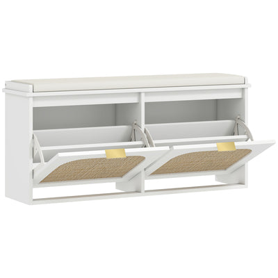 HOMCOM Boho Shoe Bench with Padded Seat and 2 Flip-Drawers - White 