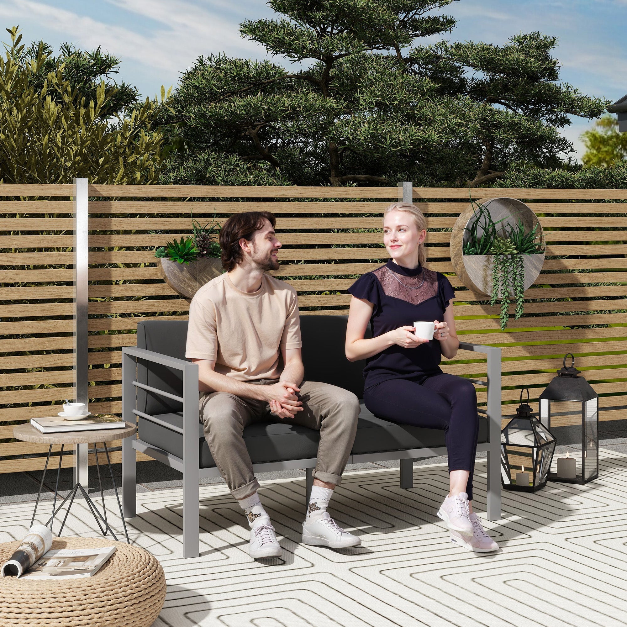 Outsunny Two-Seater Aluminium Garden Sofa - Grey 