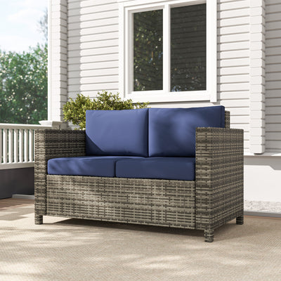 Outsunny 2 Seater Garden Furniture, Rattan Sofa with Soft Padded Cushion and Armrests, Wicker Garden Loveseat for Patio, Navy Blue 
