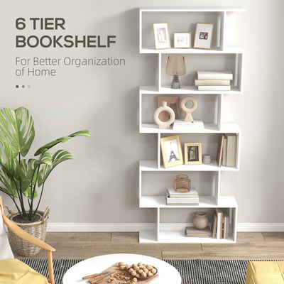 HOMCOM Bookcase, 6 Tier Shelf S Shaped Bookshelf, Storage Unit, Display Shelf for Living Room, Bedroom, Home Office, Plant, White 