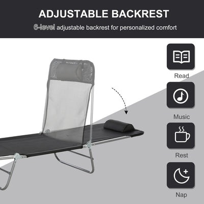 Outsunny Outdoor Foldable Sun Lounger, Adjustable Backrest Garden Recliner Sun Lounger Chair with Headrest Pillow, Black 