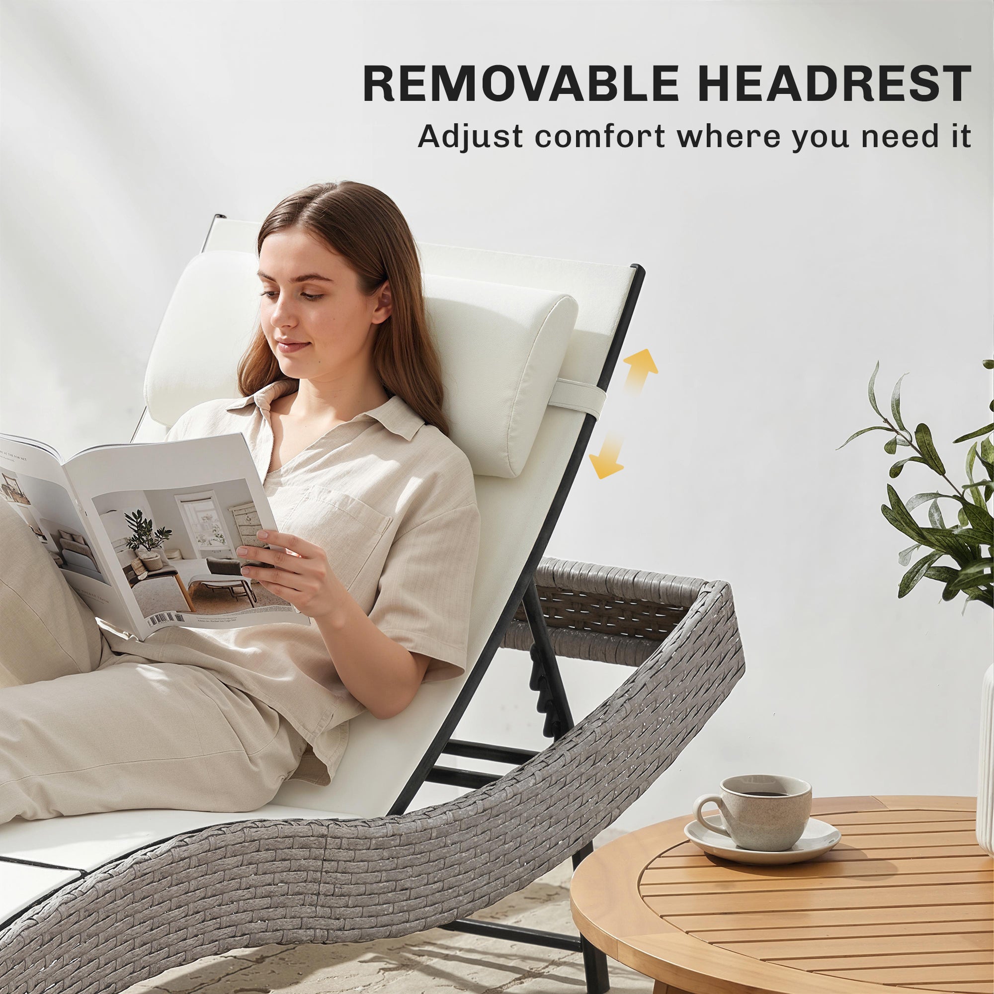 Outsunny Rattan Sun Lounger, Garden Recliner with 5 Position Adjustable Back, S Shaped Texteline Seat, Headrest, Cream White 