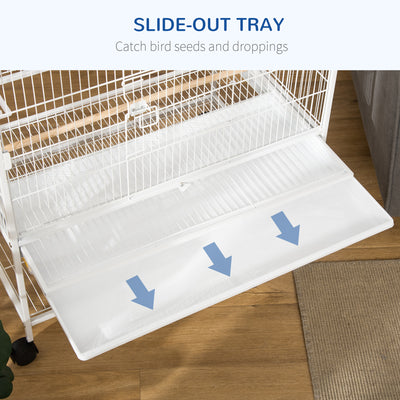 PawHut Large Bird Cage Budgie Cage for Finch Canaries Parakeet with Rolling Stand, Slide-out Tray, Storage Shelf, Food Containers, White 