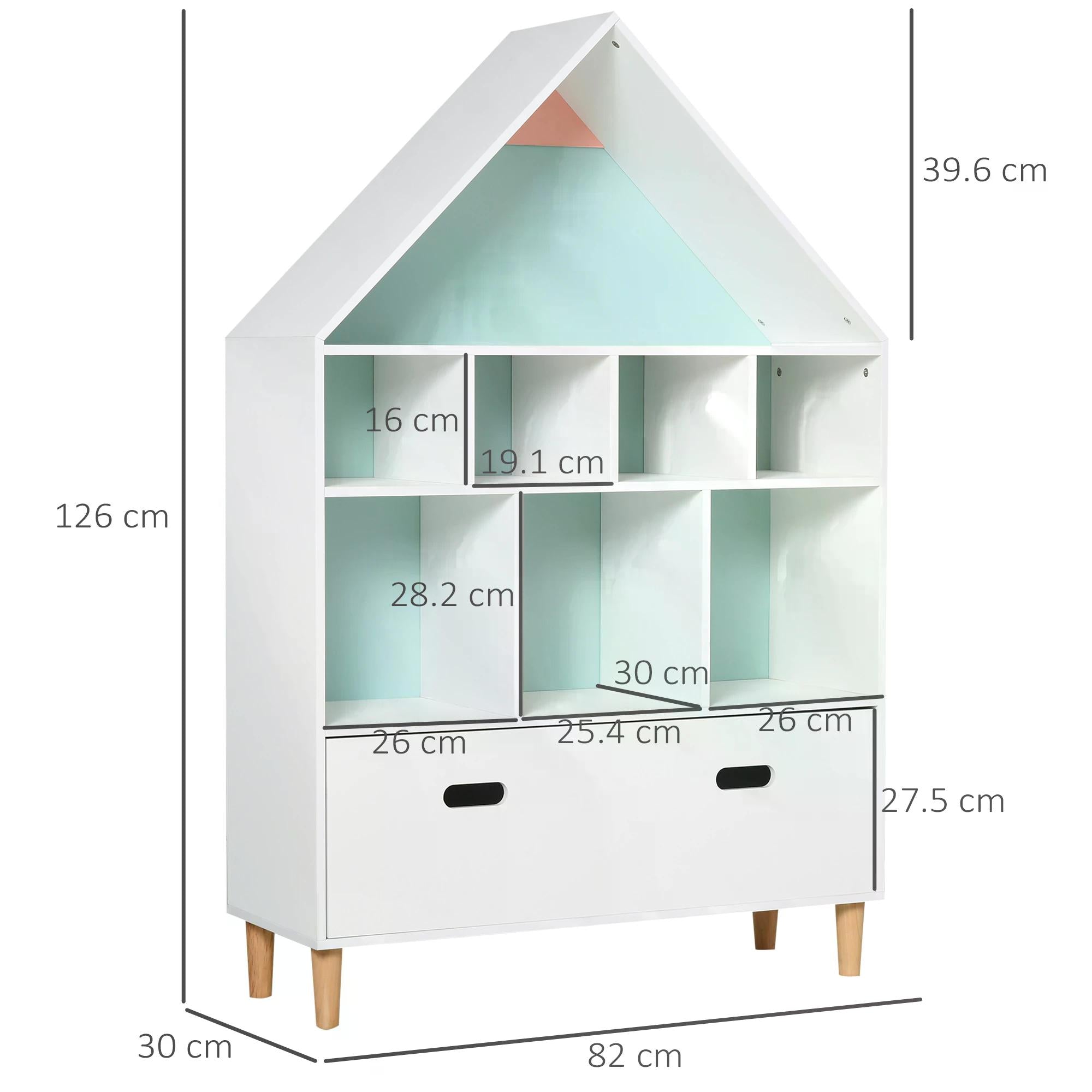 HOMCOM Kids House-Designed Bookshelf, with Drawer – Blue & White 
