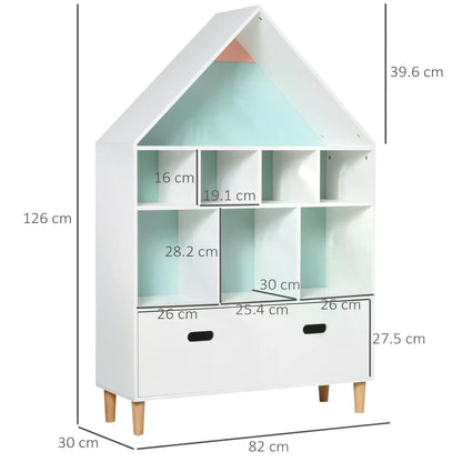 HOMCOM Kids House-Designed Bookshelf, with Drawer – Blue & White 