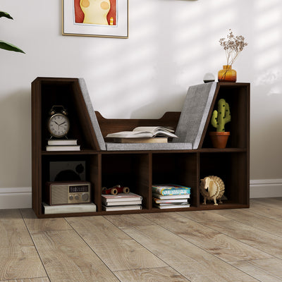 HOMCOM Bookcase Storage Shelf with Cushioned Reading Seat, Cube Bookshelf Organizer for Bedroom Living Room, Chestnut 