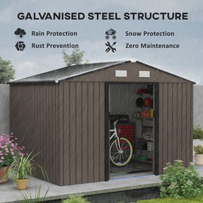 Outsunny 9 x 6ft Metal Garden Shed, Outdoor Storage Tool House with Ventilation Slots, Foundation Kit and Lockable Double Doors, Brown 