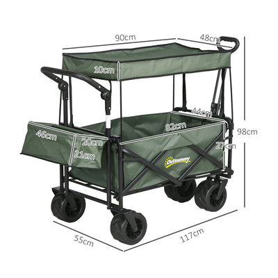 Outsunny Folding Trolley Cart Storage Wagon Beach Trailer 4 Wheels with Handle Overhead Canopy Cart Push Pull for Camping, Green 