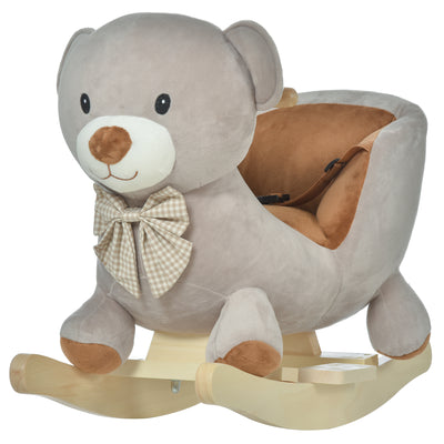 HOMCOM Kids Children Rocking Horse Plush Ride On Bear Seat w/ Sound Wood Base Seat Safety Belt Toddler Baby Toy for 18-36 Months Grey 