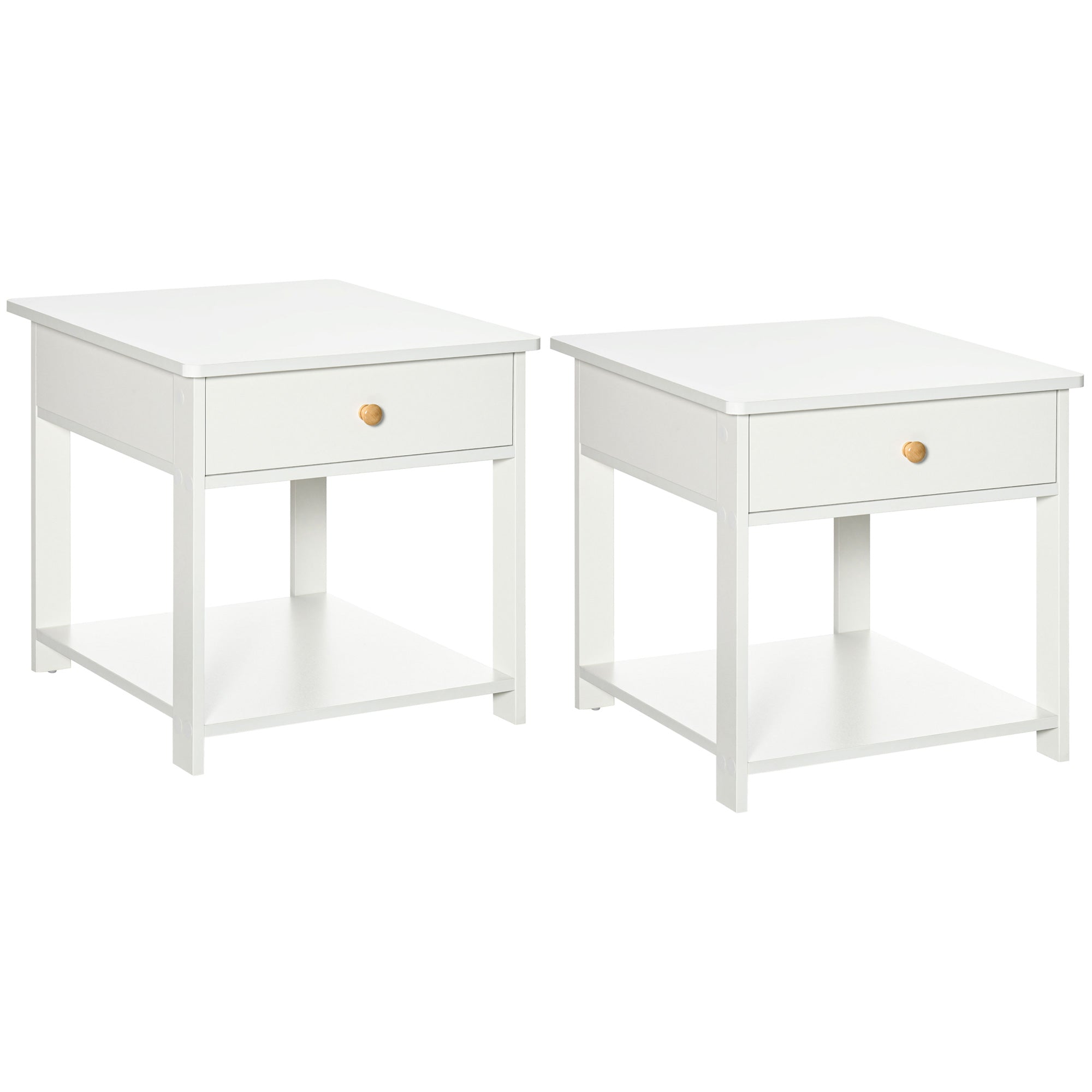 HOMCOM Bedside Table with Drawer and Bottom Shelf, Square Side End Table for Bedroom, Living Room, White, Set of 2 