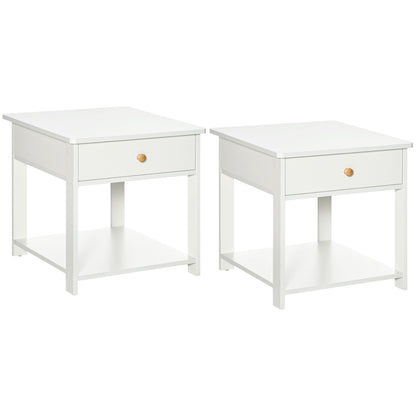 HOMCOM Bedside Table with Drawer and Bottom Shelf, Square Side End Table for Bedroom, Living Room, White, Set of 2 