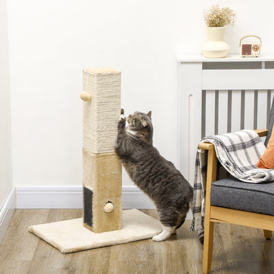 PawHut Jute Cat Scratching Post w/ Carpet Base Hanging Toy - Beige 