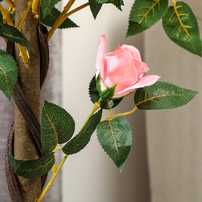 Outsunny Set of 2 Artificial Plants Pink Rose Floral in Pot, Fake Plants for Home Indoor Outdoor Decor, 90cm 