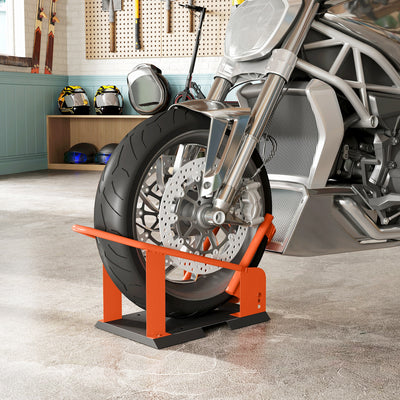 HOMCOM Motorcycle Wheel Chock, 816.5 kg Capacity Heavy Duty Steel Motorcycle Front Wheel Chock Holder with 3 Height Adjustable Holes, Fits 381-533.4 mm Wheels, Orange 