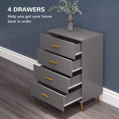 HOMCOM Four Drawer Embossed Line Dresser - Grey/Gold Tone 