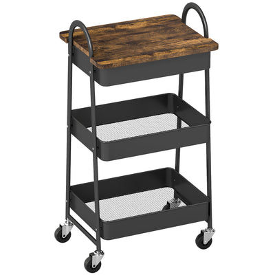HOMCOM 3-Tier Kitchen Storage Trolley with on Wheels Cover Top Board - Rustic Brown and Black 