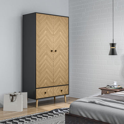 HOMCOM Modern Wardrobe Cabinet Wood Grain Sticker Surface with Shelf, Hanging Rod and 2 Drawers 90x50x190cm 