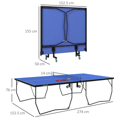 SPORTNOW 9FT Folding Table Tennis Table, with 8 Wheels, for Indoor Use - Blue 