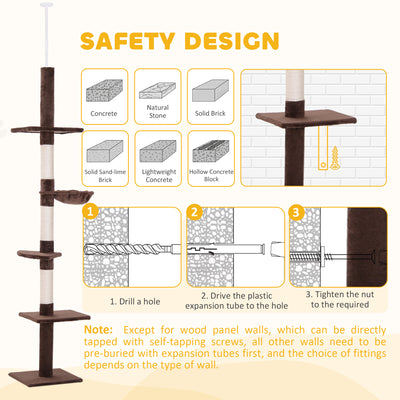 PawHut Floor to Ceiling Cat Tree for Indoor Cats 5-Tier Kitty Tower Climbing Activity Center Scratching Post Adjustable Height 230-260 cm Brown 