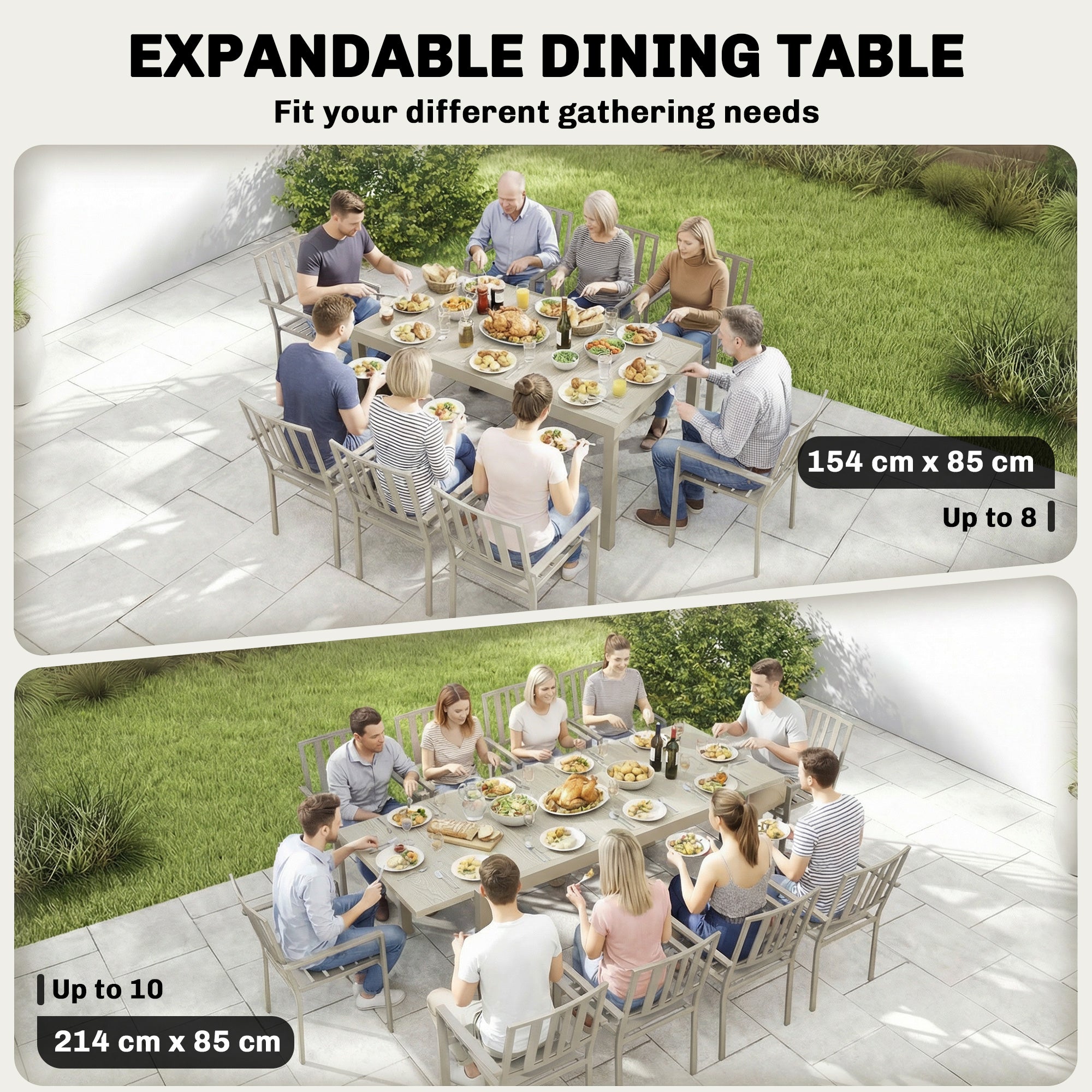 Outsunny Extending Garden Table, Aluminium Outdoor Dining Table for 8-10 with Wood-Like Grained Surface, Light Grey Wood Effect 
