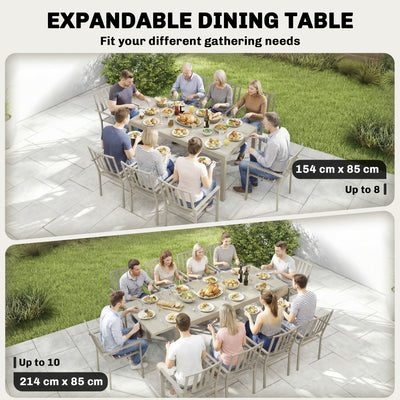 Outsunny Extending Garden Table, Aluminium Outdoor Dining Table for 8-10 with Wood-Like Grained Surface, Light Grey Wood Effect 