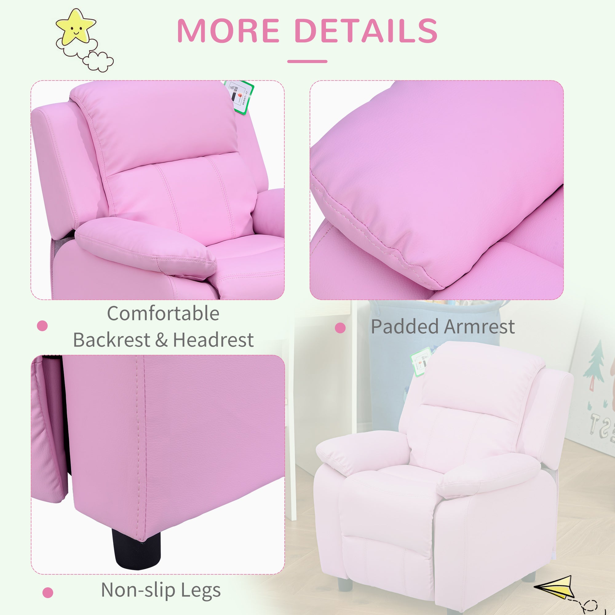 HOMCOM Kids Sofa Armchair Toddler Recliner Children's  Chair Lounger Games Chair  PU Leather w/ Storage  (Pink) 