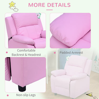 HOMCOM Kids Sofa Armchair Toddler Recliner Children's  Chair Lounger Games Chair  PU Leather w/ Storage  (Pink) 