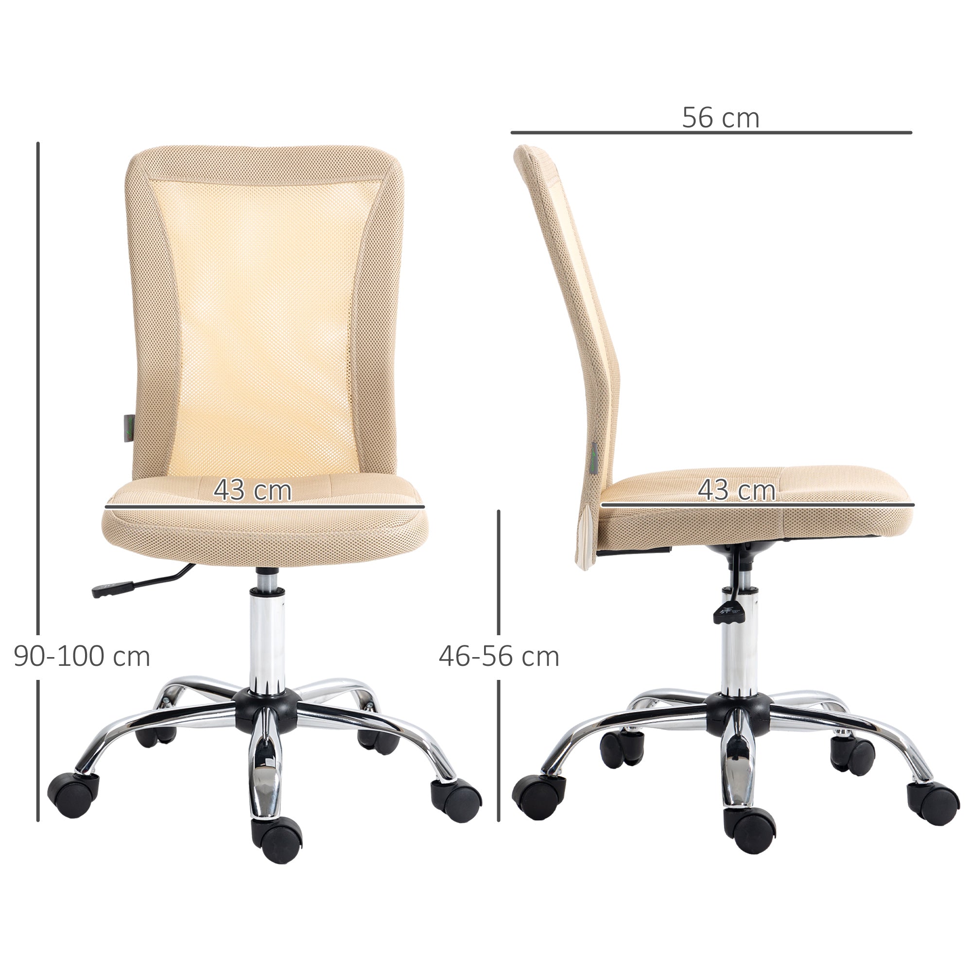 Vinsetto Computer Desk Chair, Mesh Office Chair with Adjustable Height and Swivel Wheels, Armless Study Chair, Beige 