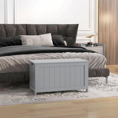 HOMCOM Storage Chest, Modern Storage Trunk with 2 Safety Hinges and Cut-out Handles, Wooden Toy Box for Living Room, Entryway, 76 x 40 x 48 cm, Grey 