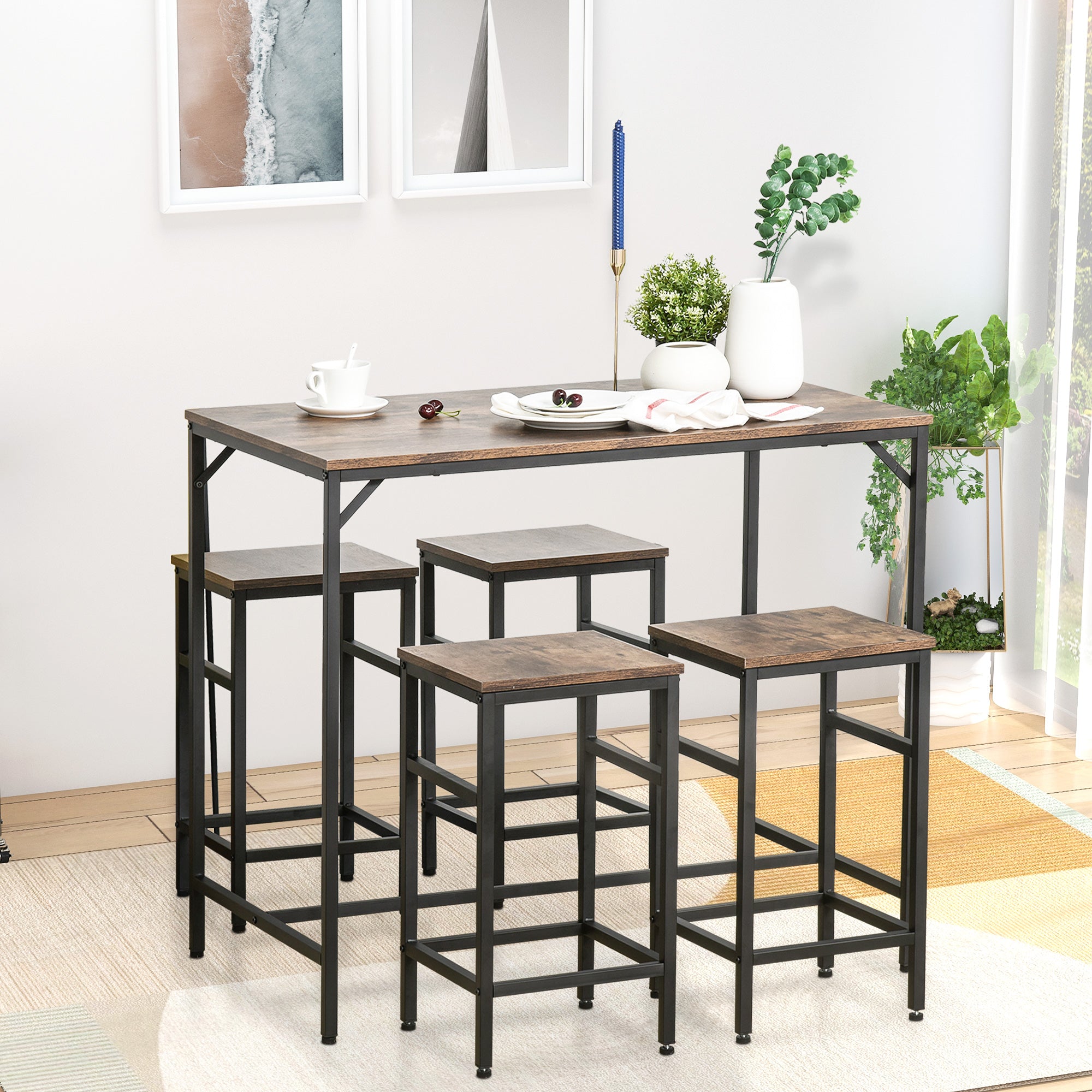 HOMCOM Industrial Rectangular Bar Table Set with 4 Stools for Dining Room, Kitchen, Dinette 
