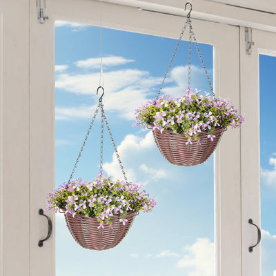 HOMCOM Artificial Flowers in Basket Set of 2, Artificial Hanging Baskets with 75 Leaves and 15 Flowers in Pot, Decorative Plant for Home Office Decor, Purple 