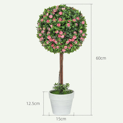 HOMCOM Set of 2 Decorative Artificial Plants, Ball Topiary Tree with Rose Flower in Pot, Fake Plants for Home Indoor Outdoor Decor, 60cm, Pink 