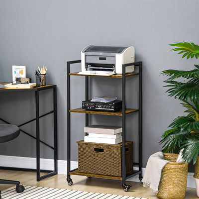 HOMCOM 3-Tier Printer Stand, Utility Cart, Rolling Trolley with Adjustable Shelves with Lockable Wheels for Home Office, Rustic Brown 
