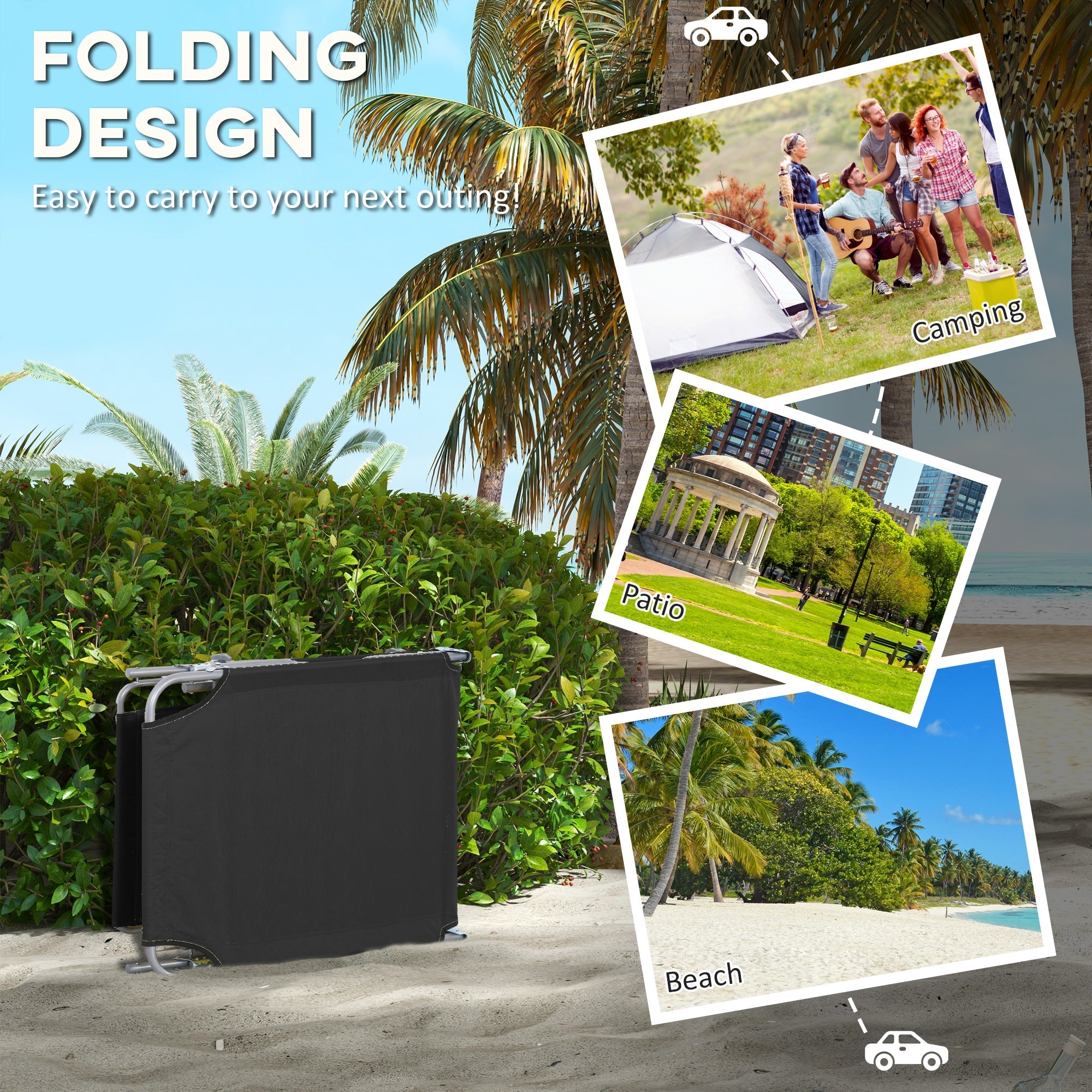 Outsunny Foldable Sun Lounger Set of 2 with Sun Shade & Adjustable Backrest - Black 