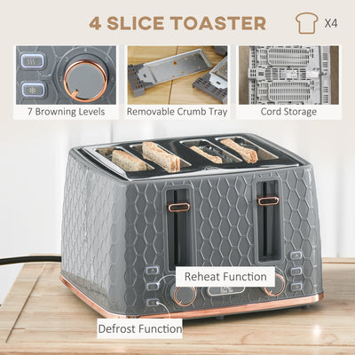 HOMCOM 1.7L 3000W Fast Boil Kettle & 4 Slice Toaster Set, Kettle and Toaster Set with 7 Browning Controls, Crumb Tray, Grey 