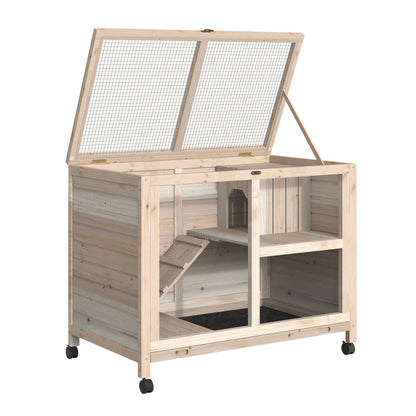 PawHut Rabbit Hutch Indoor Wooden Guinea Pig House Hamster Cage with Wheels, 2 Layers Bunny Cage with Openable Roof, 91.5 x 53.3 x 73 cm, Natural 