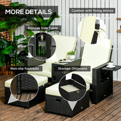 Outsunny 5PC PE Rattan Sun Lounger, Outdoor Wicker 5-level Adjustable Recliner Sofa Bed with Storage Side Table and Footstools, for Patio, Garden, Poolside, Black 