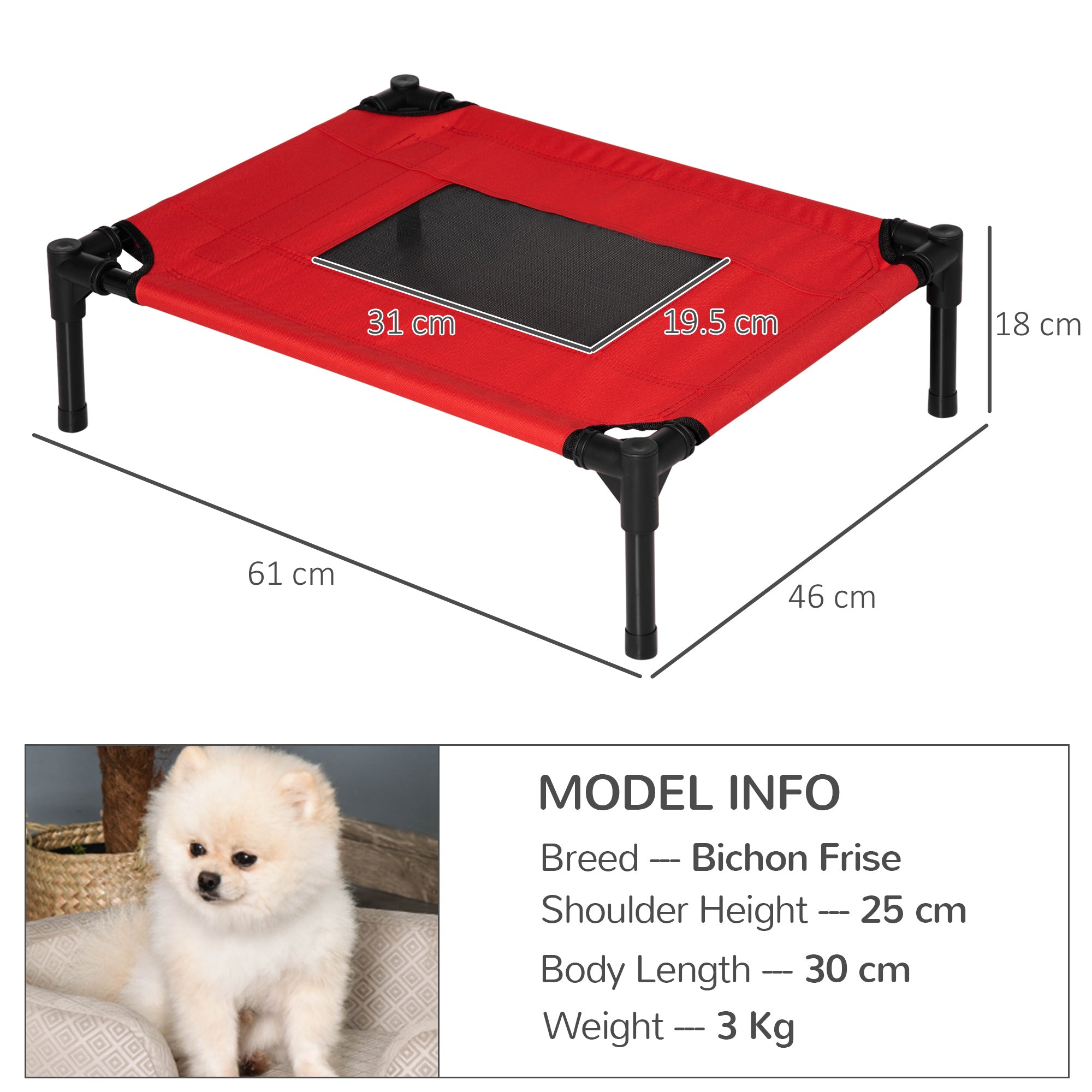 PawHut Raised Dog Bed Cat Elevated Lifted Portable Camping w/ Metal Frame Black and Red (Small) 