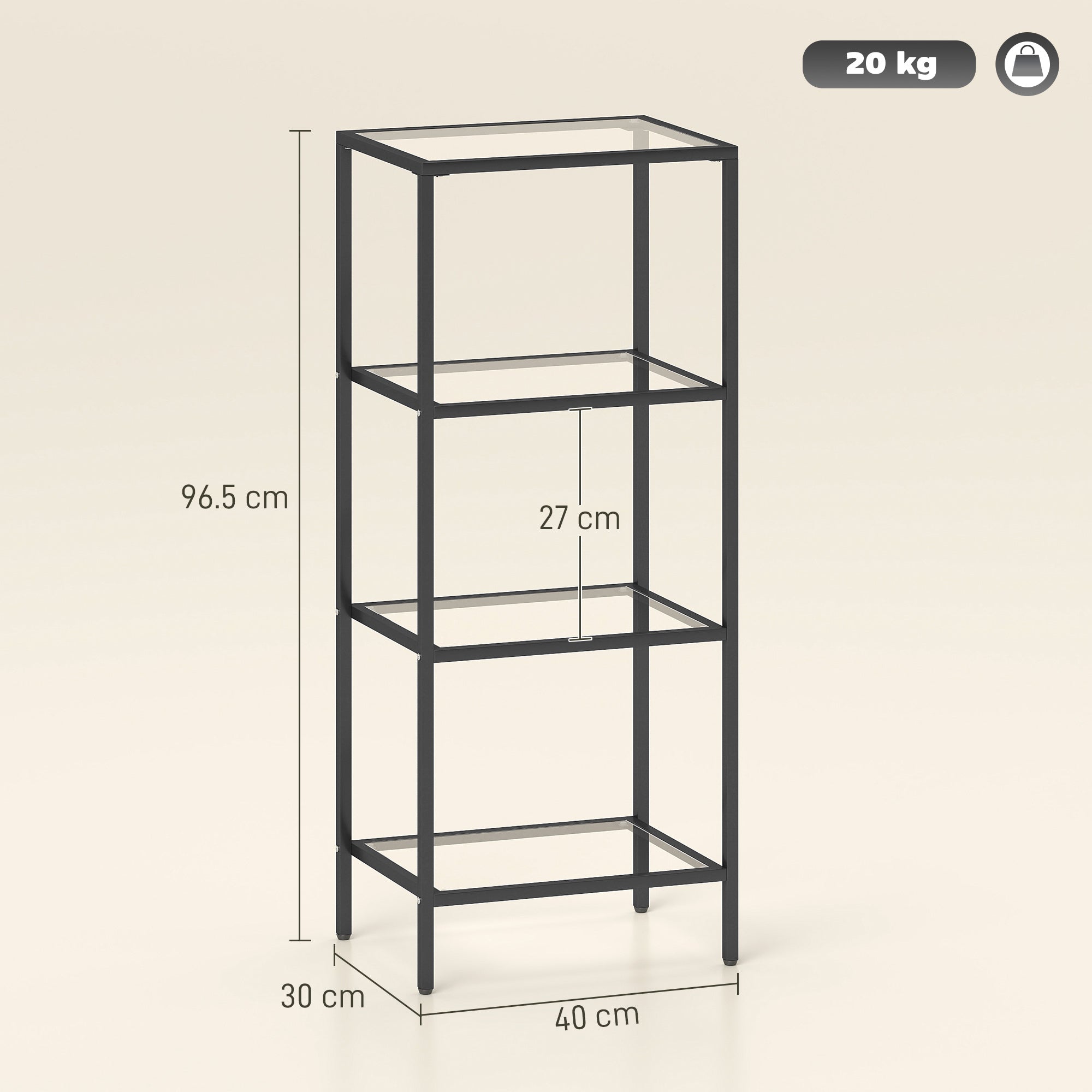 HOMCOM 4-Tier Shelving Unit, Glass Shelf, Vertical Storage Shelf for Living Room, Home Office, Bedroom, Bathroom, Black