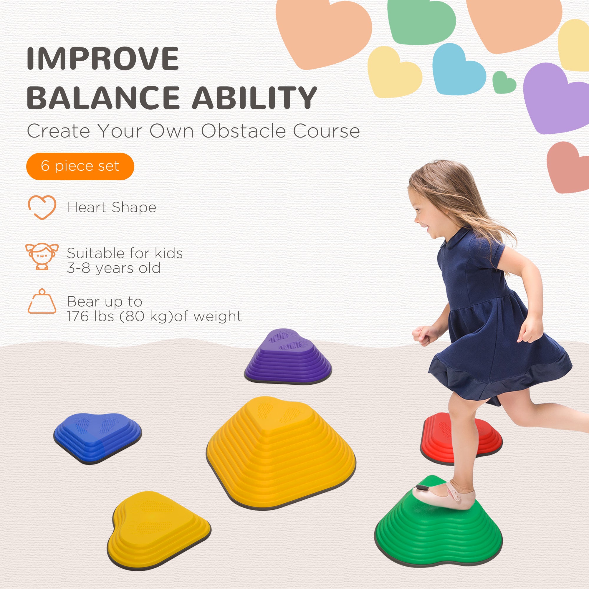 AIYAPLAY 6-Piece Heart-Shaped Kids Balance Stepping Stones and Motor Skills, Multicoloured 
