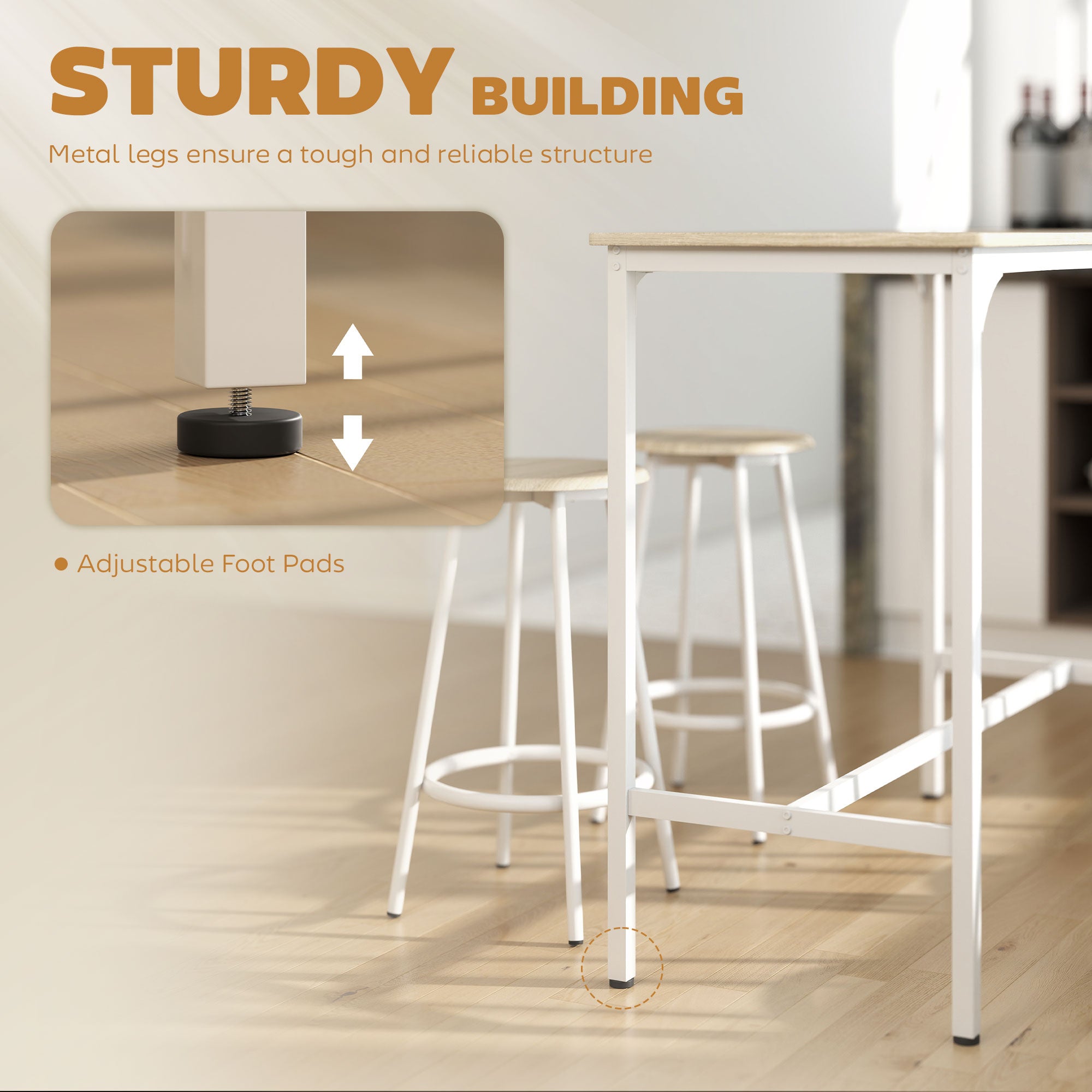 HOMCOM 5 Piece Bar Table Set for 4 with Stools, Metal Frame, Footrest for Kitchen Natural Wood 