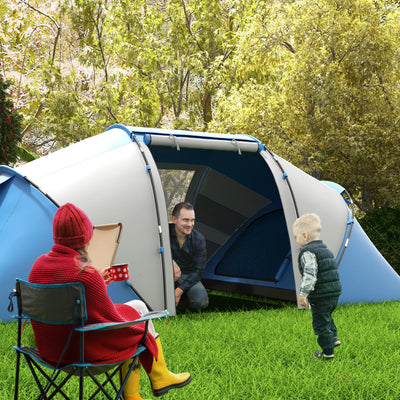 Outsunny 4-6 Man Camping Tent w/ Two Bedroom, Hiking Sun Shelter, UV Protection Tunnel Tent, Blue and White 