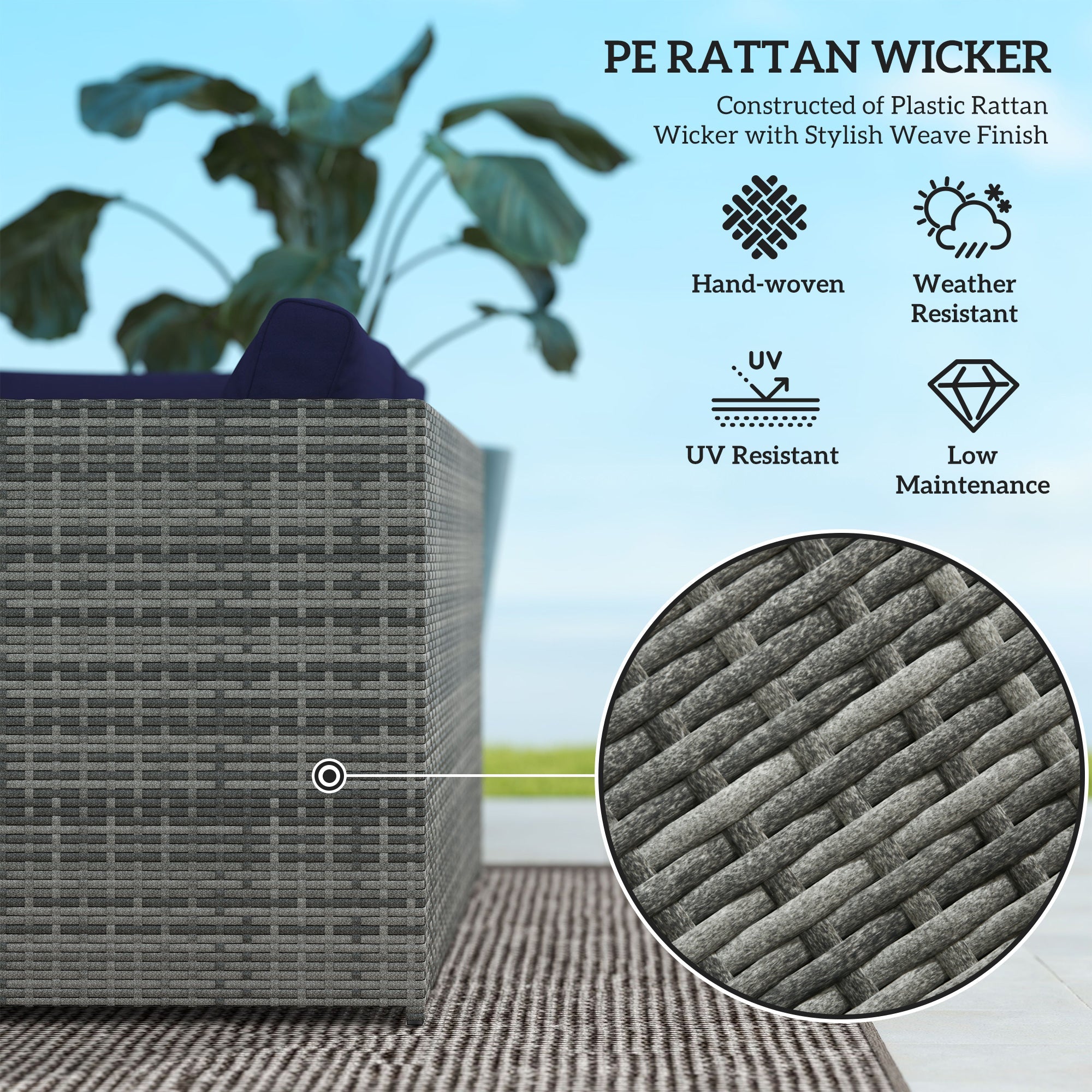 Outsunny 3 Pieces PE Rattan Garden Furniture Set with 10 cm Thick Cushions, 4 Seater Garden Corner Sofa Set with Glass Top Coffee Table, Outdoor Furniture for Patio, Porch, Blue 