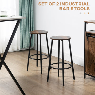 HOMCOM Bar Stools, Set of 2 Kitchen Breakfast Stools with Sturdy Steel Frame, Industrial Tall Bar Chairs, 65cm High Seat, Rustic Brown 